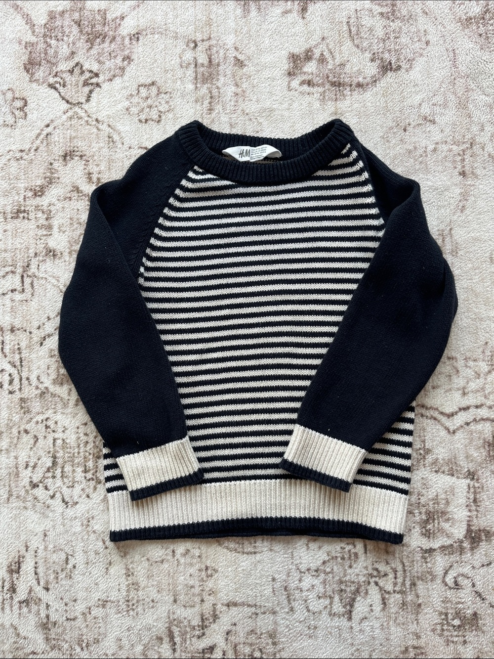 H&M Black & Cream Striped Raglan Crewneck Sweater